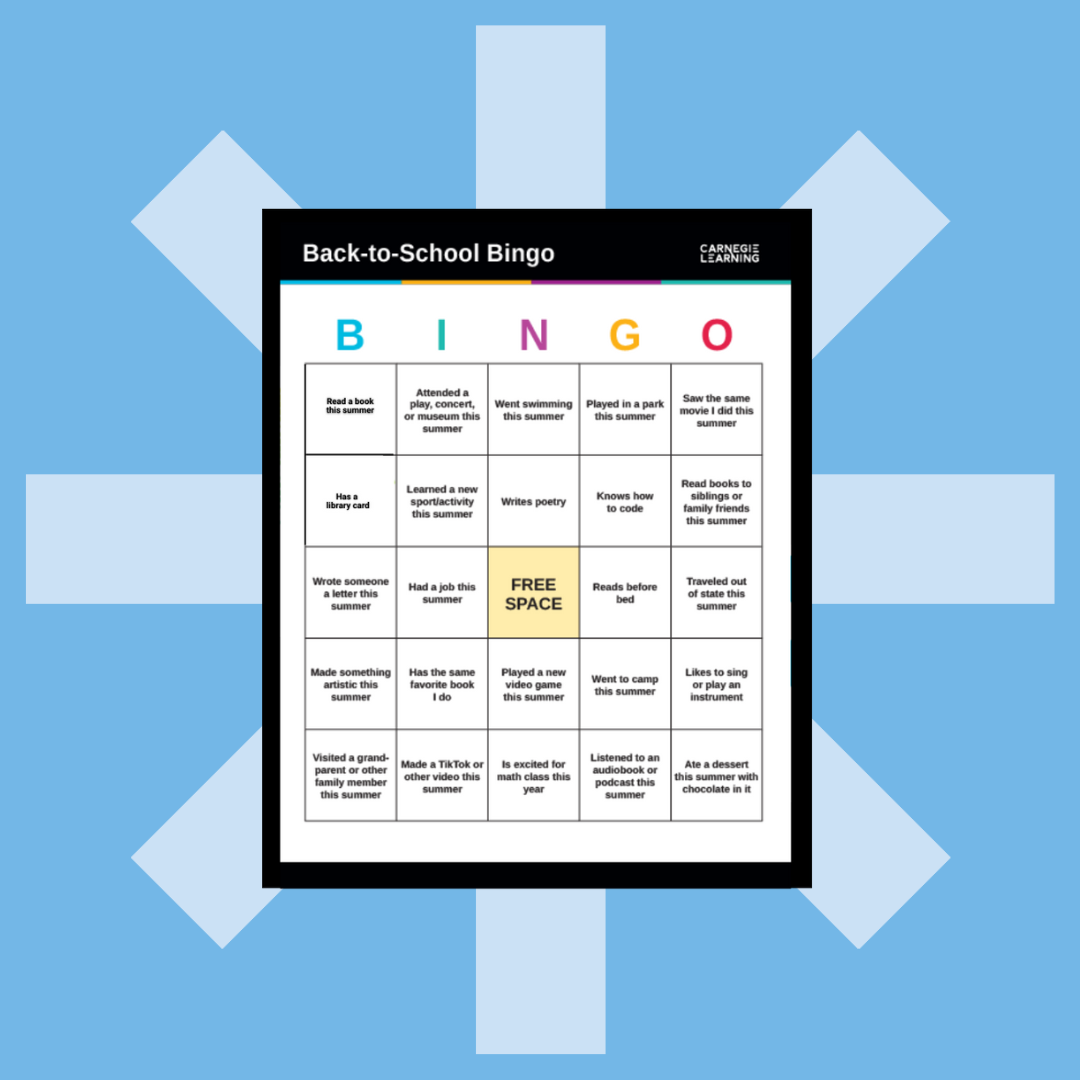 A thumbnail of a PDF Get-to-Know-You Bingo as a worksheet for a back-to-school icebreaker game, against a blue background