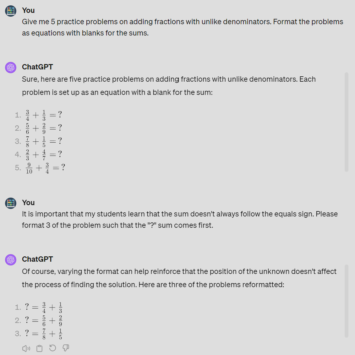 screenshot from ChatGPT illustrating math problem generation