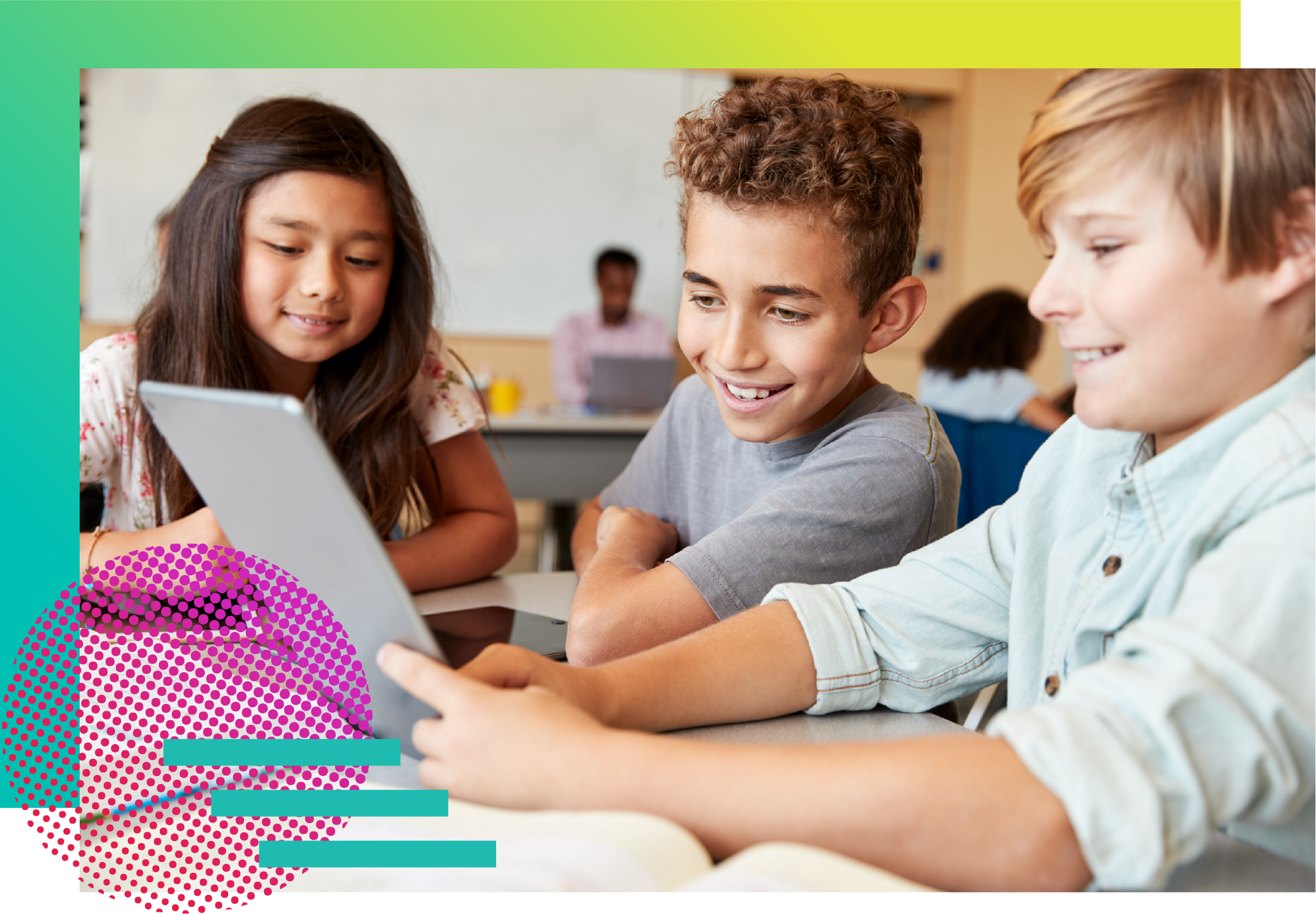 Middle school students sitting in classroom looking at tablet