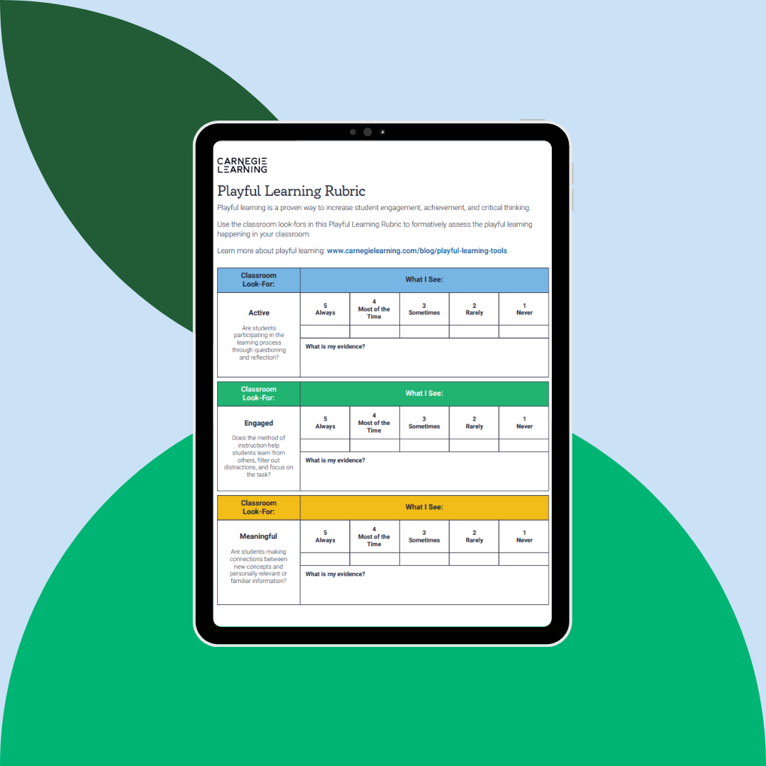 A thumbnail of the Playful Learning Rubric for teachers to use in the classroom to assess evidence of play-based learning and the pedagogy of play in any subject