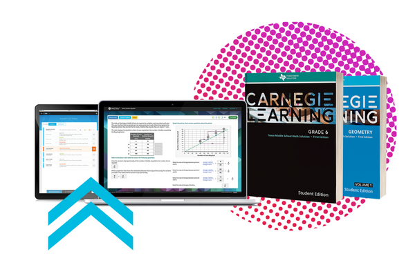 A picture of Carnegie Learning Texas Math Solution textbooks and a computer screen showing MATHia.