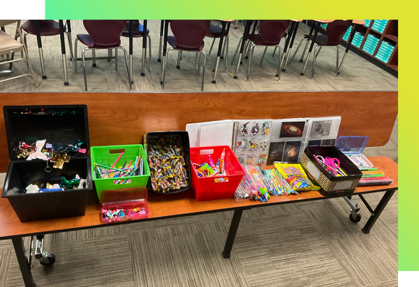 A spread of motivating prizes that students can win in math class.